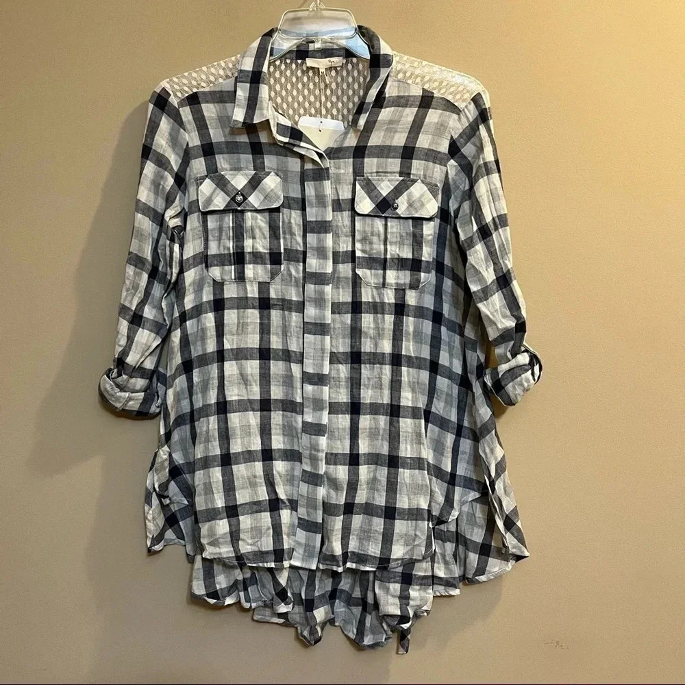 RYU Plaid Button Up Tie Waist Tunic Shirt Belt Lace Size Medium NWT